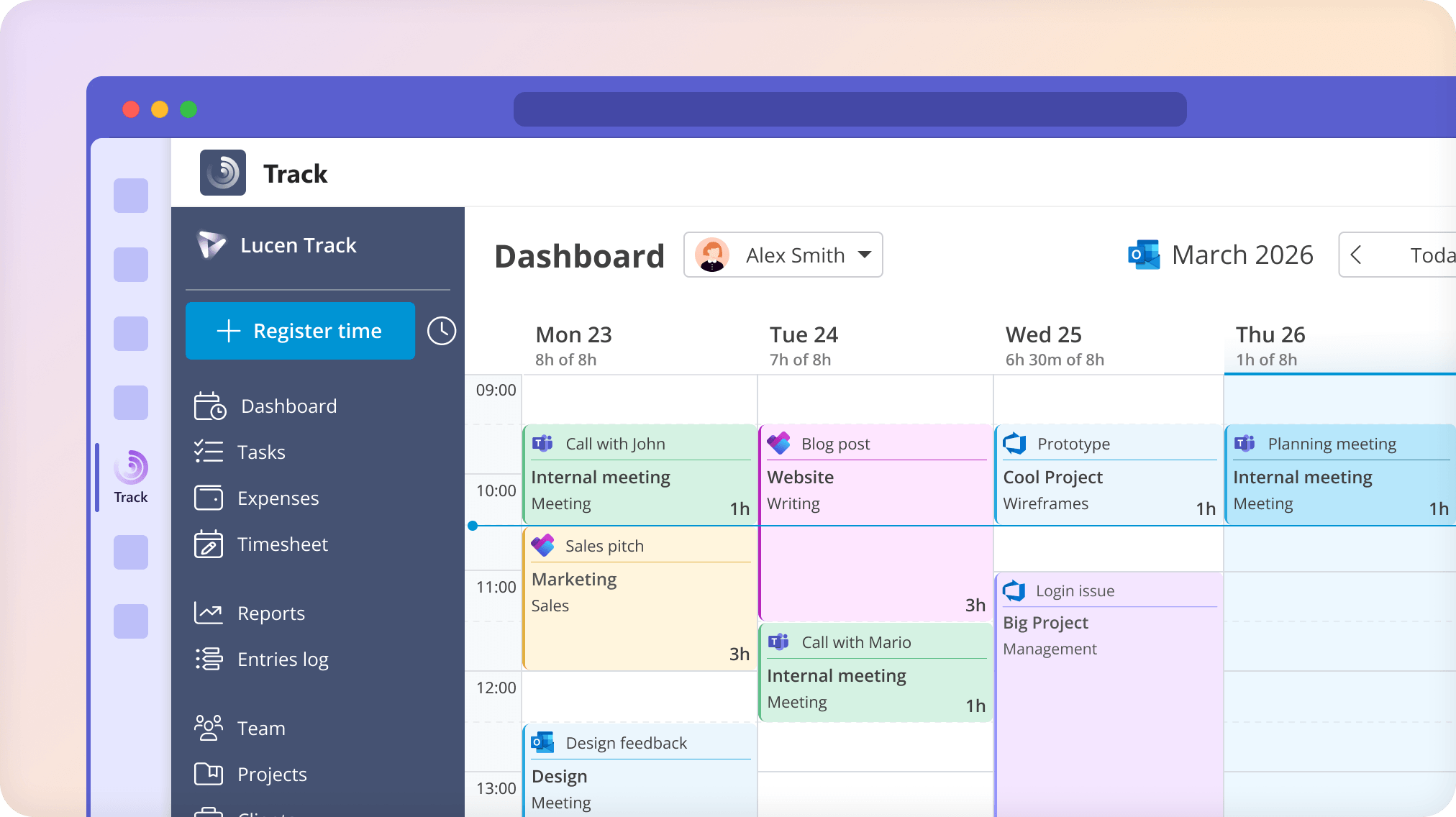 Lucen Track dashboard showing a weekly calendar view with colour-coded time entries