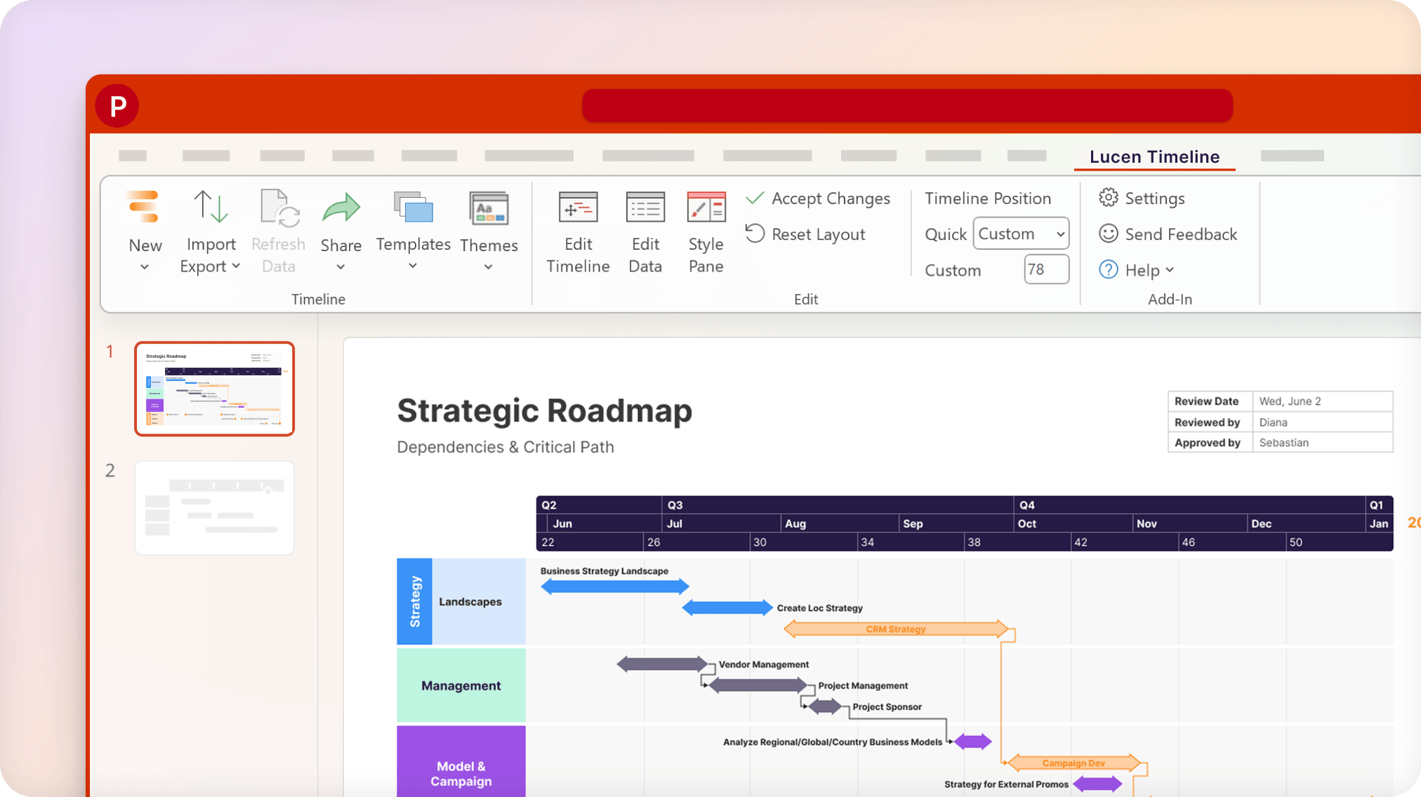 Lucen Timeline add-in in PowerPoint showing a strategic roadmap with dependencies