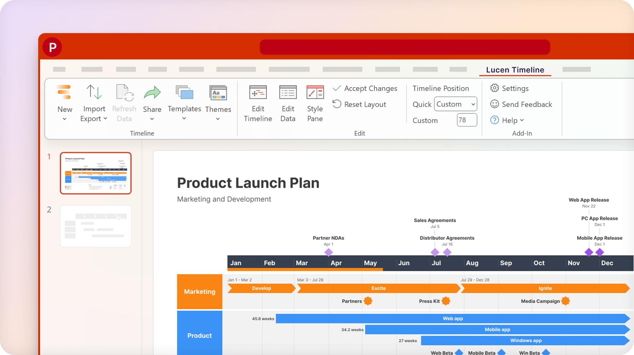Lucen Timeline add-in in PowerPoint showing a product launch plan as a Gantt chart